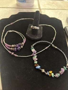 Amethyst Beaded Multi-Stone Necklace Set with Silver Accents